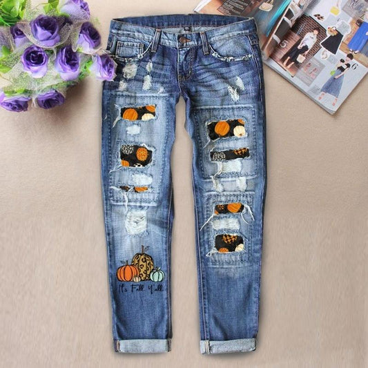 Women’s Halloween Distressed Straight Leg Pumpkin Jeans