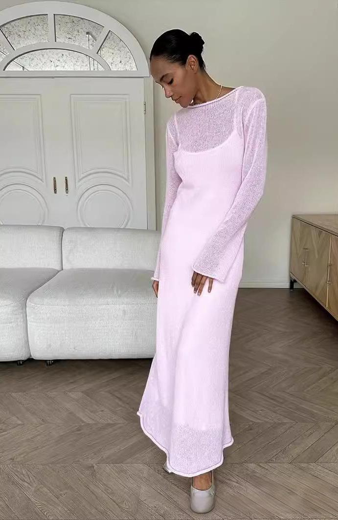 Sheer Knit Maxi Dress Set Long Sleeve Overlay with Slip