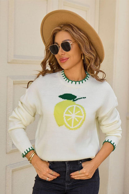 Lemon Embroidered Knit Sweater, Casual Fall Winter Top