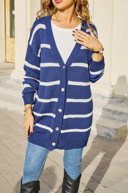 Striped Button Front Knit Cardigan – Casual Fall Outerwear