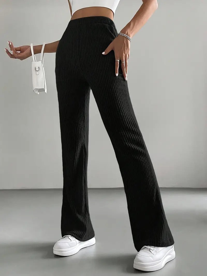 High Waist Ribbed Knit Flare Pants for Women