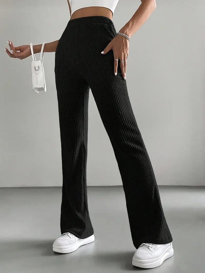 High Waist Ribbed Knit Flare Pants for Women