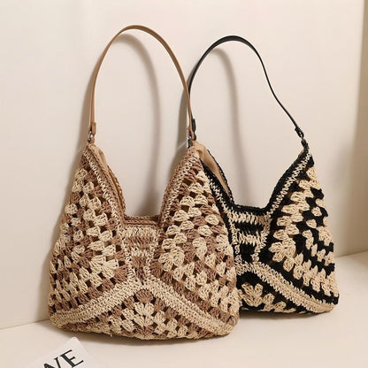 Crochet Straw Shoulder Bag Boho Beach Tote for Women