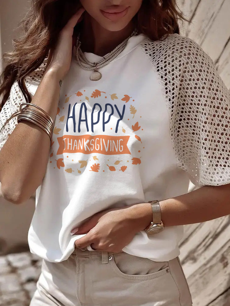 Happy Thanksgiving Leaves Graphic Lace Sleeve Tee