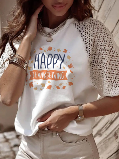 Happy Thanksgiving Leaves Graphic Lace Sleeve Tee