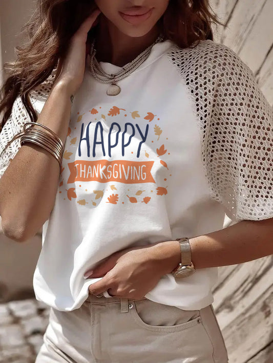 Happy Thanksgiving Leaves Graphic Lace Sleeve Tee
