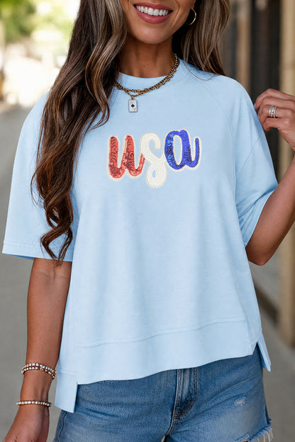 USA Sequin Graphic Oversized July 4th Tee Top
