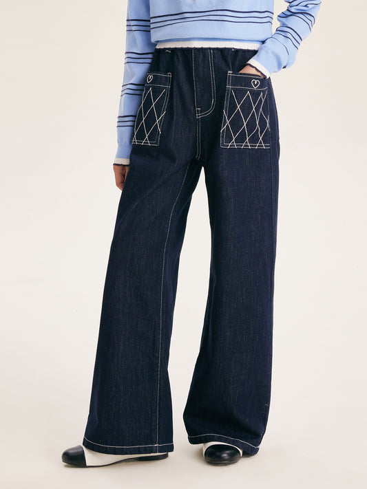 Girls' Wide Leg Denim Pants Dark Blue Casual Jeans