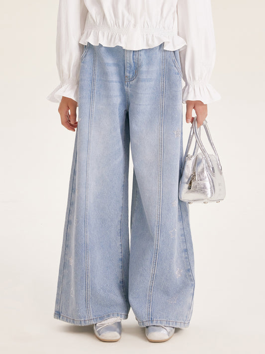 Girl's Wide Leg Star Print Denim Jeans Casual Pants