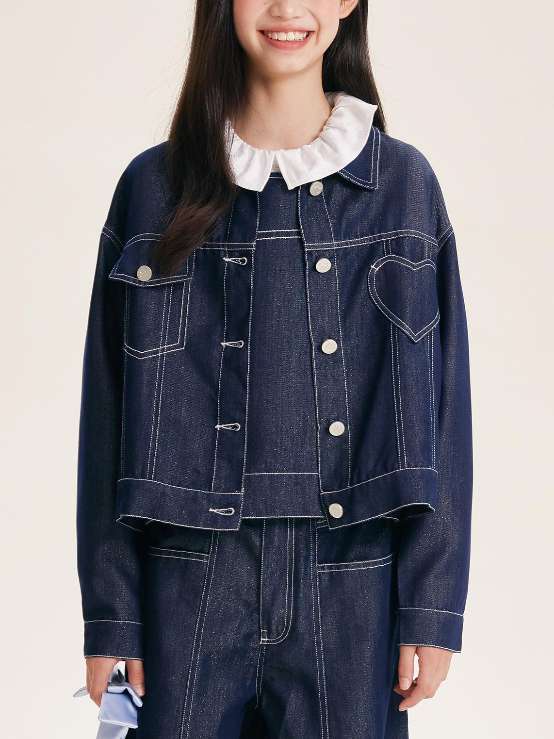 Girls Denim Jacket with Heart Pocket and Button Front