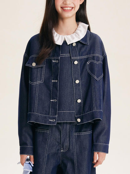 Girls Denim Jacket with Heart Pocket and Button Front