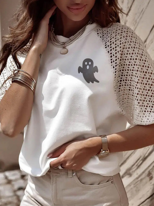 Ghost Graphic Lace Sleeve Halloween Tee