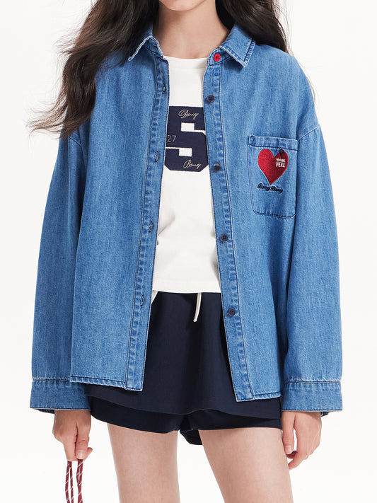 Girls Denim Heart Embroidered Shirt Jacket – Blue Classic
