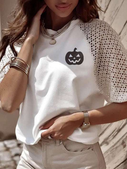 Pumpkin Graphic Halloween Tee with Crochet Lace Sleeves