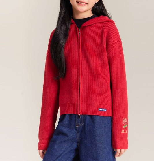 Girls Knit Hoodie with Flower Embroidery