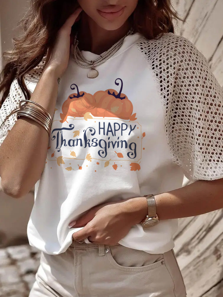 Happy Thanksgiving Pumpkin Leaves Graphic Lace Sleeve Tee