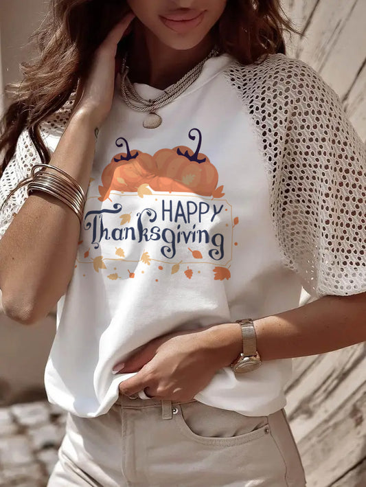 Happy Thanksgiving Pumpkin Leaves Graphic Lace Sleeve Tee