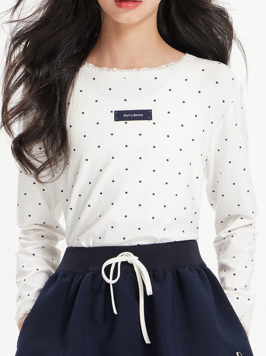 Girls Polka Dot Lace Trim Long Sleeve Tee with Logo