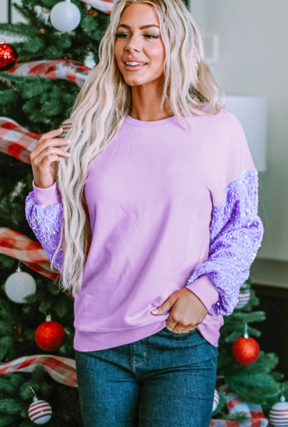 Pink Sequin Patchwork Long Sleeve Pullover Top