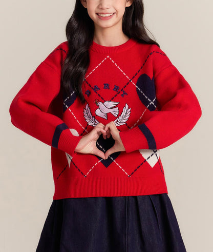 Girls Red Knit Sweater with Heart Embroidery Pullover