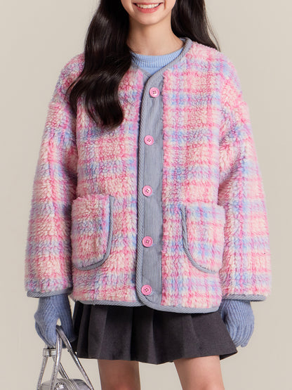 Girls Pink Plaid Sherpa Fleece Jacket Warm Winter Coat