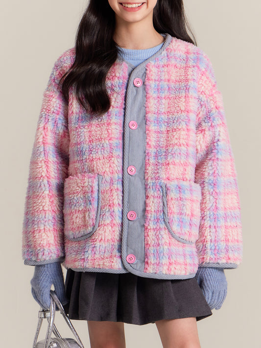 Girls Pink Plaid Sherpa Fleece Jacket Warm Winter Coat