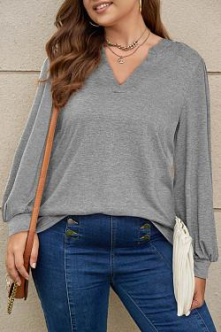 Solid Colour V-Neck Loose Bubble Long Sleeve T-Shirt Top