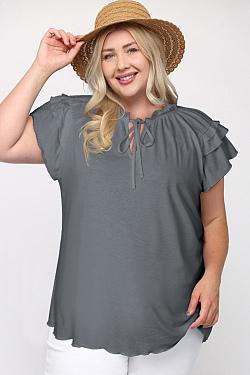 Plus Size Triple Ruffle Sleeve V-neck Top