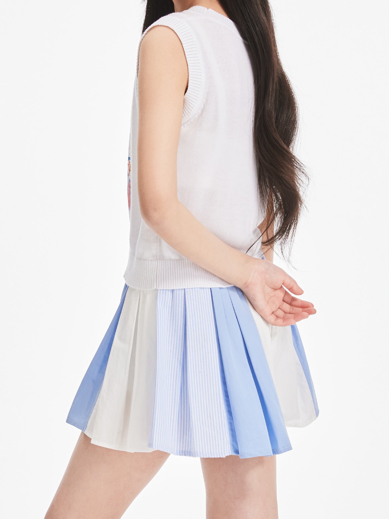 Blue & White Colorblock Pleated Skirt for Girls