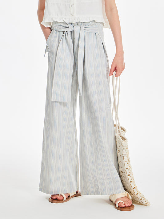 Striped Wide Leg Pants with Tie Waist and Pockets