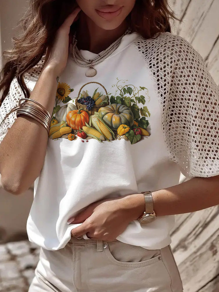 Thanksgiving Harvest Pumpkin Cornucopia Graphic Lace Sleeve Tee