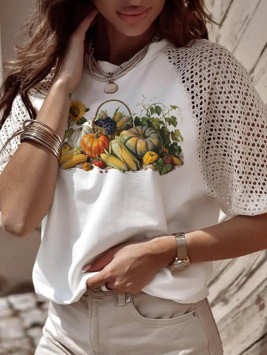 Thanksgiving Harvest Pumpkin Cornucopia Graphic Lace Sleeve Tee