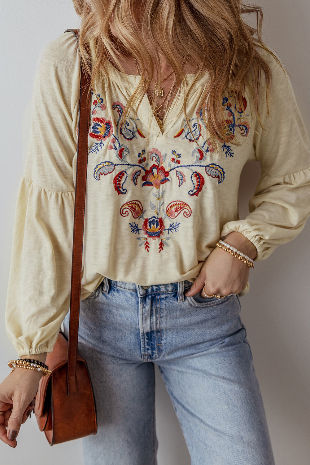 Floral Embroidered V Neck Balloon Sleeve Blouse
