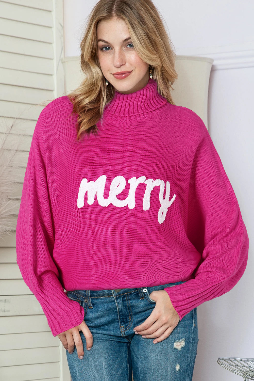 Women's Merry Letter Embroidered High Neck Sweater