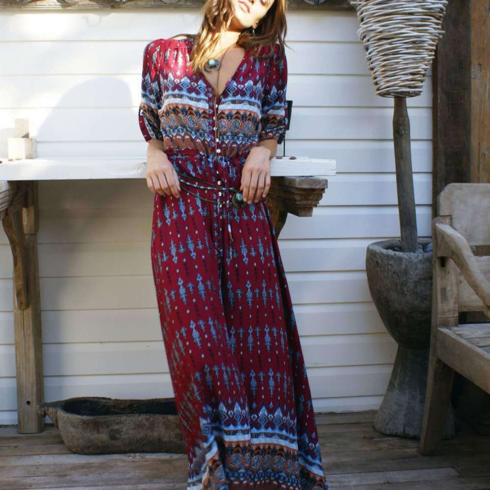 Women's Boho Floral V-Neck Tie Waist Maxi Dress