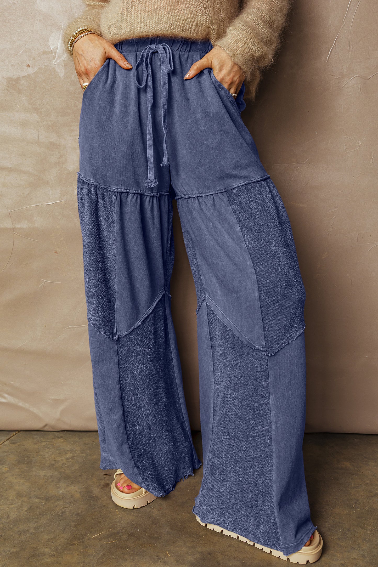 Women's Black Mineral Wash Wide Leg Patchwork Pants