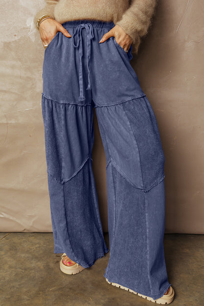Women's Black Mineral Wash Wide Leg Patchwork Pants