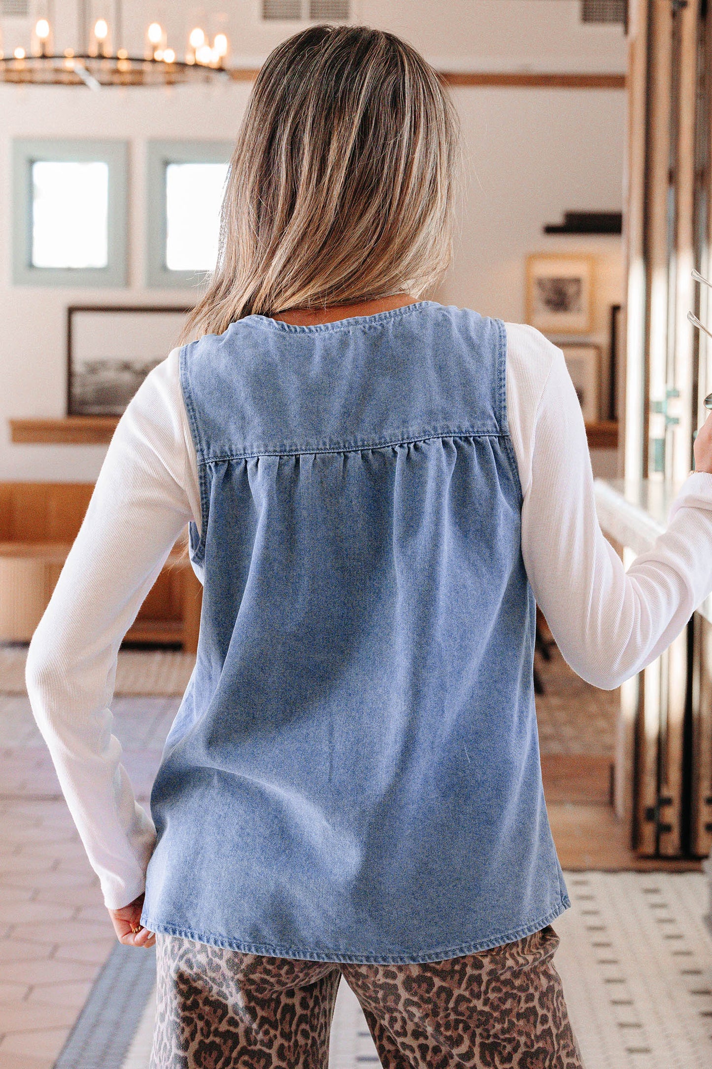 Washed Denim Ruffle Panel Babydoll Sleeveless Top