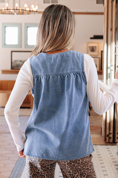 Washed Denim Ruffle Panel Babydoll Sleeveless Top