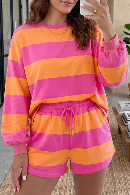 Pink Orange Stripe Lounge Set 2pc Shorts Set Sweatshirt