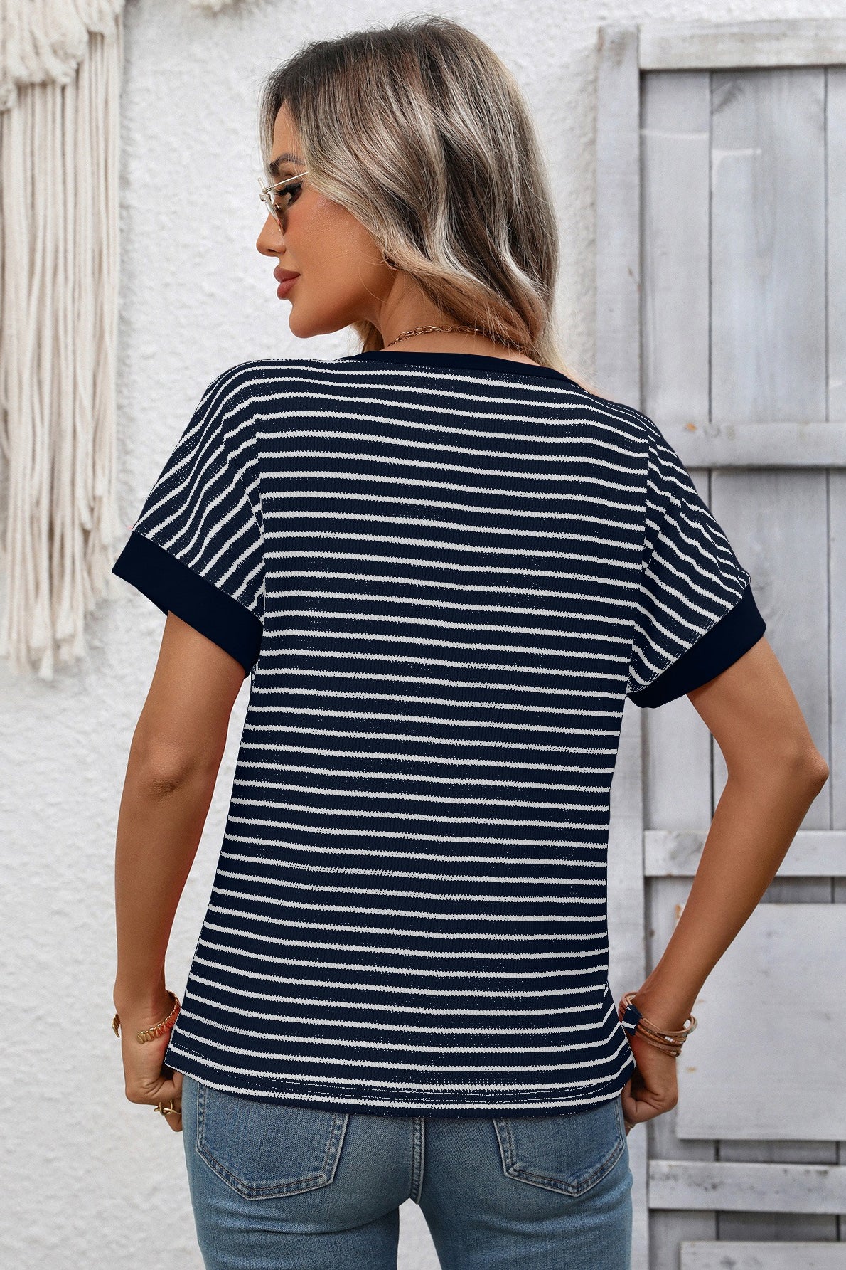Striped Colorblock Short Sleeve Knit Tee for Women