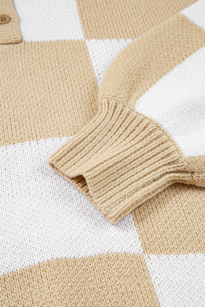 Checkered Polo Collar Loose Knit Sweater