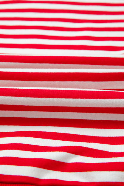 Red Stripe Oversized Pullover Exposed Seam Long Sleeve Top