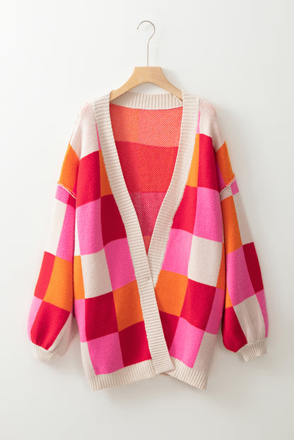Light Blue Checkered Drop Shoulder Exposed Seam Open Front Cardigan