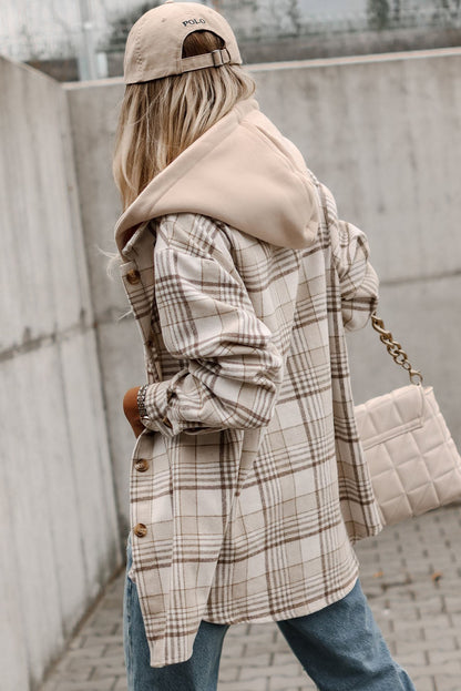 Neutral Khaki Plaid Oversized Shacket with Removable Hood
