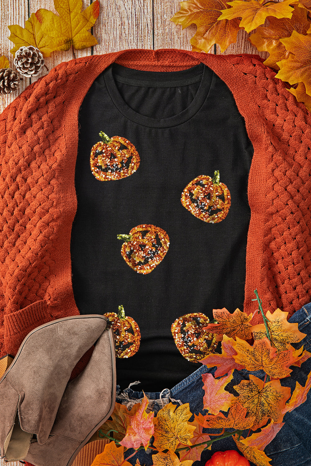 Women's Black Sequin Pumpkin Halloween T-Shirt