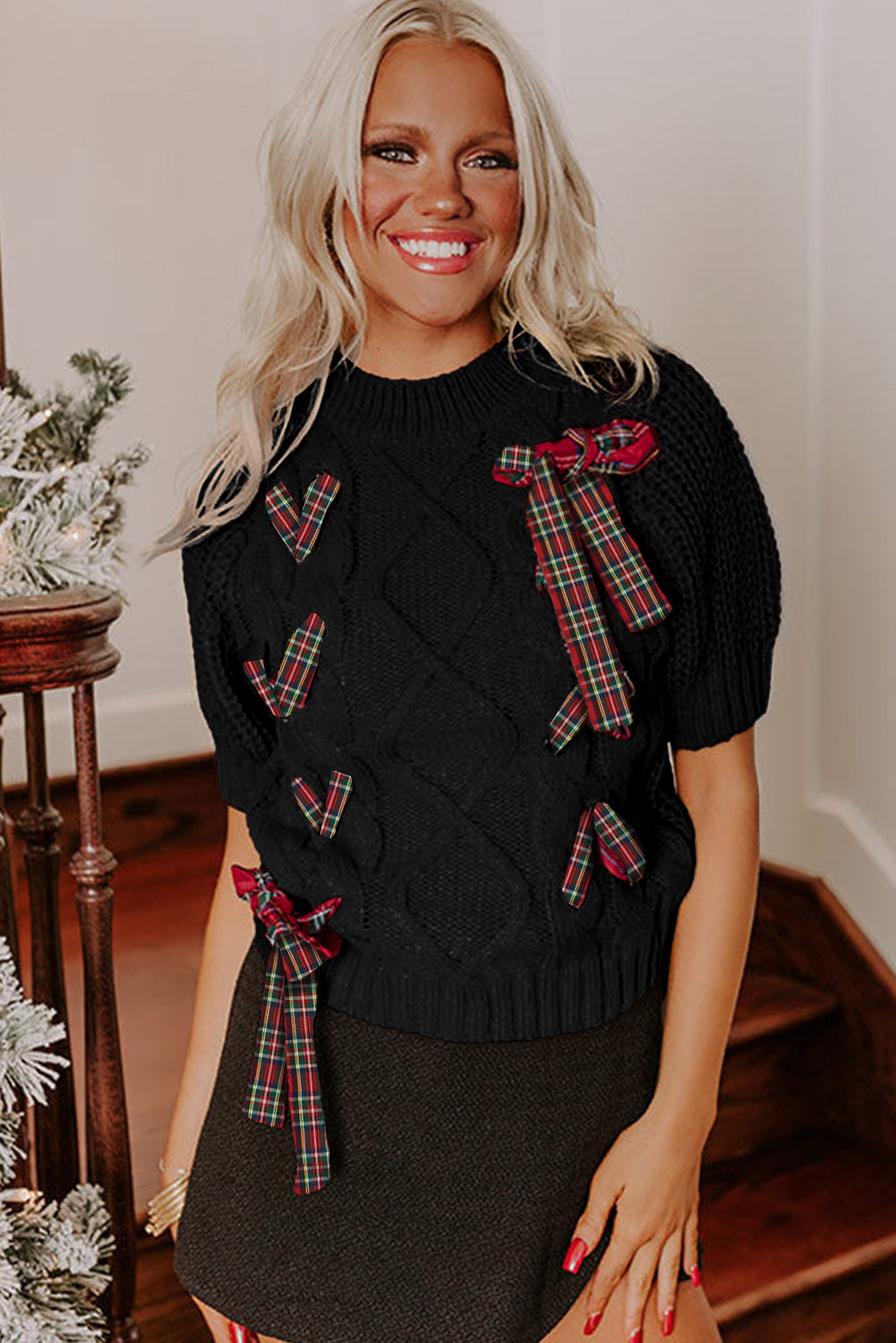 Red Plaid Bow Lace Up Cable Knit Short Sleeve Holiday Sweater