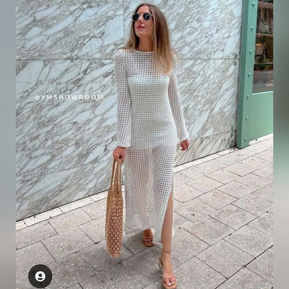 White Crochet Mesh Beach Cover Up Maxi Dress Women Resort