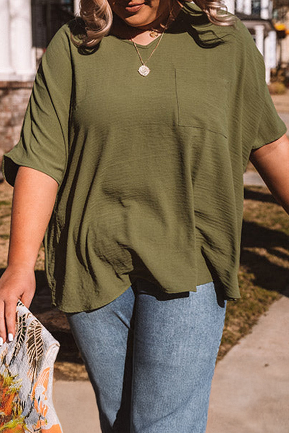 Pink Textured Half Sleeve V Neck Plus Size T Shirt with Chest Pocket