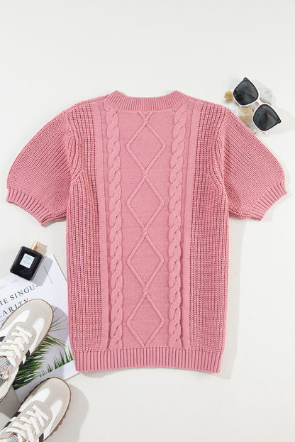 Pink Cable Knit Mixed Textured Short Sleeve Sweater